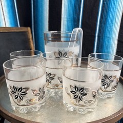 DeValBor Windrose Italian Frost Gold/Black-5 High Ball Set & Ice Bucket VTG Read