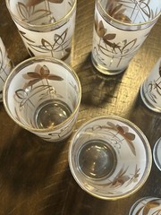 Set Of 8 Rare Libby MCM Gold Leaf Water Lily Tumblers Glasses Frosted