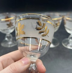Libbey Frosted Gold Leaf Cordial Glasses Set Of Six Vintage MCM