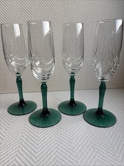 (4) Vintage Libbey Madeira Textured Swirl Champagne Flute Juniper Green Stem