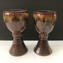 Set Of 2 Studio Art Brown Tan Drip Glaze Pottery 7” Goblet Wine Challis Lot