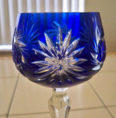 3 Cut to Clear Bohemian Crystal Wine Hock Glasses 2 Cobalt Blue & Ruby Red