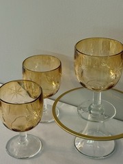 4 Vintage Bartlett Collins Atomic Starburst Amber Thumbprint Goblets MCM
