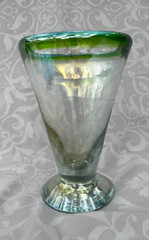 HAND BLOWN ~ V-SHAPED IRIDESCENT BLUE & GREEN LUSTER BAND GLASS / VASE