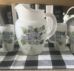 Vintage Frosted Glass Juice Set Pitcher & And 6 Glasses Hand Painted (A6)