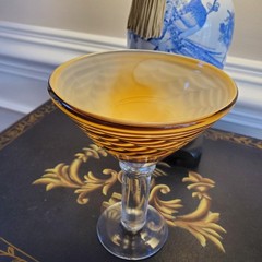 Tortoise Shell Pulled Feather Blown Glass Martini Cocktail Glass Heavy Sturdy