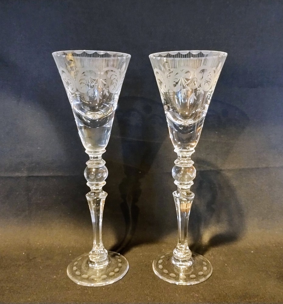 Set of 2 Vintage Etched Blown Glass Tall Stem Cordials Vertical Cuts Swags Dots