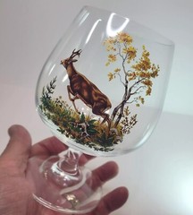 Vtg Brandy Snifters Barware (2) Stag & Rabbit Woodland Theme Decals Man Cave 6″