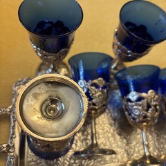 6 Vintage Cobalt Blue Glass, Silverplated Art Deco Base, Cordial Glasses 3 1/2”