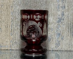 Antique Bohemian Ruby Red Cut to Clear Glass Goblet – Etched Floral & Geometric
