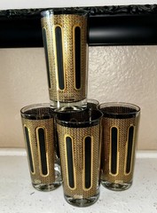 Vintage Colony High Ball Glasses w/ caddy signed MCM Black And Gold