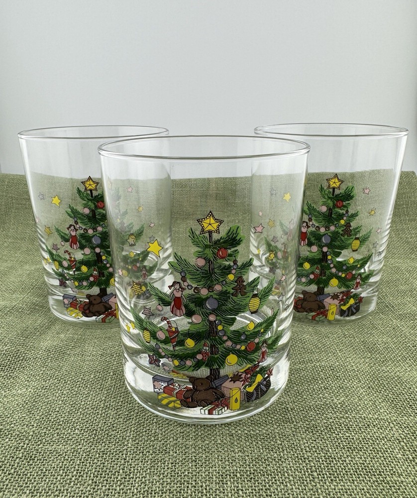 Vintage Nikko Christmas Tree Holiday Theme Set of 3 Double Old Fashioned Glasses