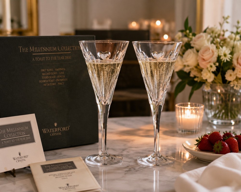 Waterford Crystal Millennium Love/Hearts Champagne Toasting Flutes Pair Rare