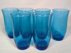 6 Vtg Ocean Blue Tumblers Anchor Hocking Flair Azure Glasses Retro Weighted