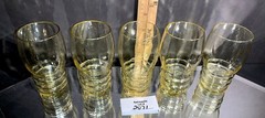 5 Yellow Glass Paneled Ringed Juice Barware Tumblers Vintage MCM
