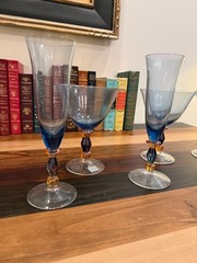 Mikasa Slovenia Art Glass Stemware Set of 8 Blue Smoke Amber Cobalt Champagne