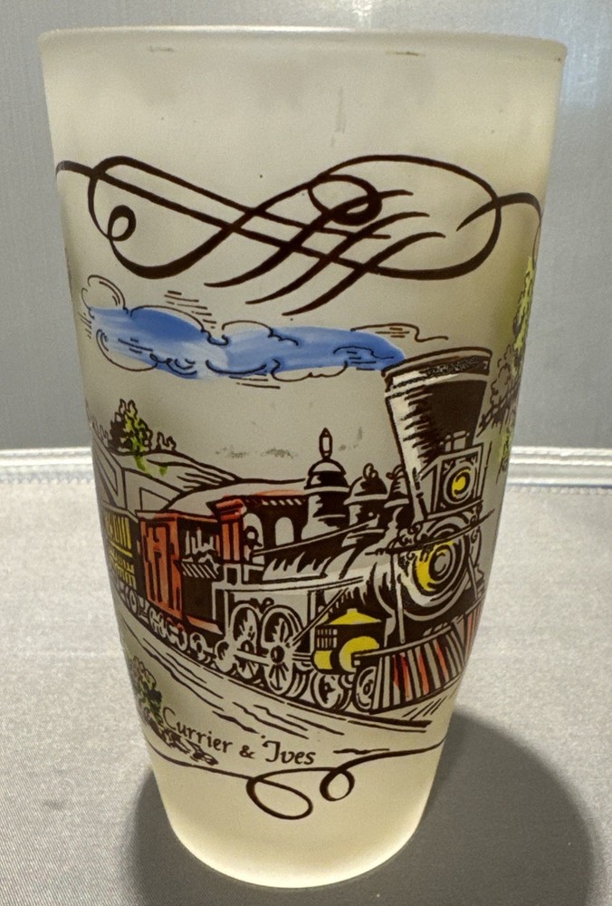 Vintage Currier and Ives Frosted drinking glasses 5 1/8″ tall