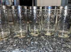 4 Vintage MCM Mid Century Scrolled Silver Rim Overlay Highball Glass