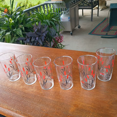 6 Hand Painted Cattail 3 3/4″ 4 oz. Water Glass Tumblers Original Vintage Lot