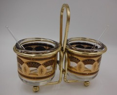 Culver Glass Onion Olive Martini Garnish Condiments Jars spoons Caddy Gold Vinta