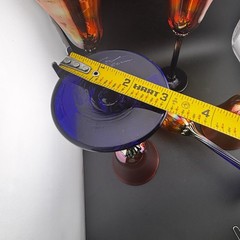 5 Rick Strini Art Glass Tulip Wine Goblet Iridescent Amber & Cobalt Signed