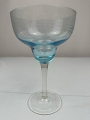Vintage Hand-Blown Margarita Glass Aqua Blue Bowl Clear Stem Etched Bands