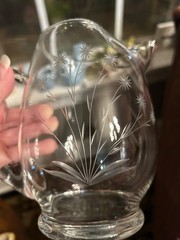Vintage MCM Etched with Starburst Design Pitcher And Glass Set with stirrers