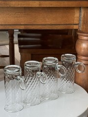 4 Optique Glass Irish Coffee Mugs By Essentials, Curled Handle EUC 5.75” Tall