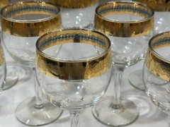 Set of 11 Vintage Wine Glasses Antique Gold & Turquoise Rimmed Barware – Crystal