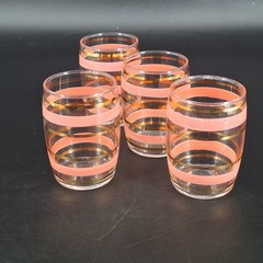 4 Vintage Gold & Pink Striped MCM Tumblers Drinking Glasses 3.75″ Tall