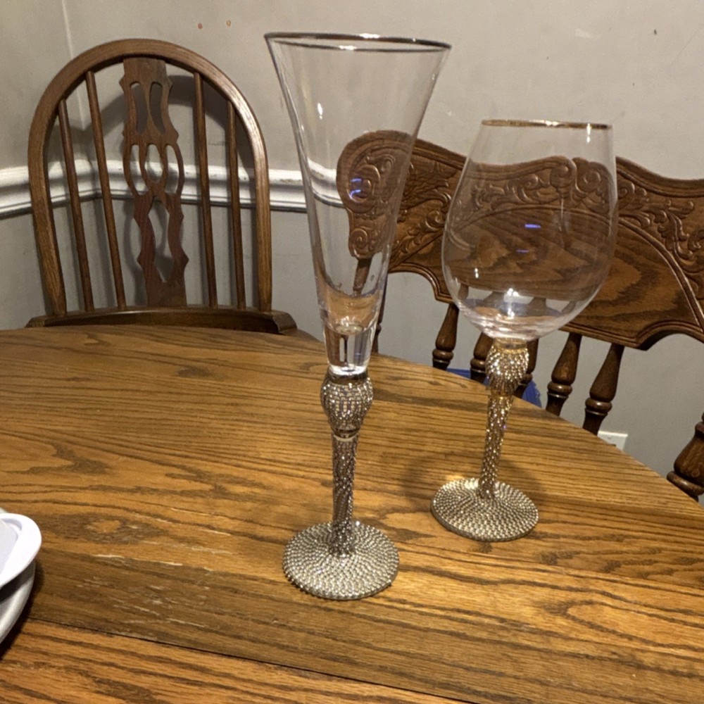 Decorative Clear Silver Wine & Champagne Glass Set w/ Rhinestone Stems, 2pc