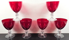 6 Duncan Miller Ruby Red Water Goblet Set Vintage Elegant Clear Stemware MCM Lot