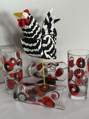 4 Vintage Italian Cerve MCM Red & Black Retro Glass Tumblers | Geometric Design