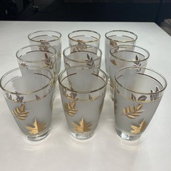 Vintage Libbey Frosted Gold Leaf Glasses 8 oz Set of 9 – 1950s