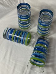 Vintage Water /Lemonade Glossy Green Striped Set of 4 Drinking Glasses Tumblers