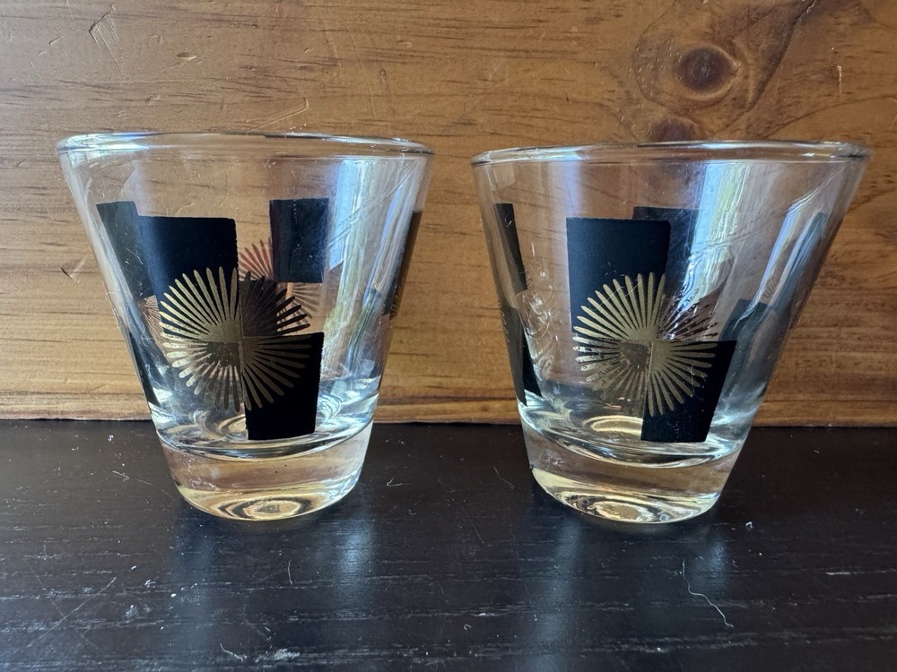 Vtg MCM Atomic Starburst Whiskey/Dble Shot Glasses Gold &Black Barware Set of 2