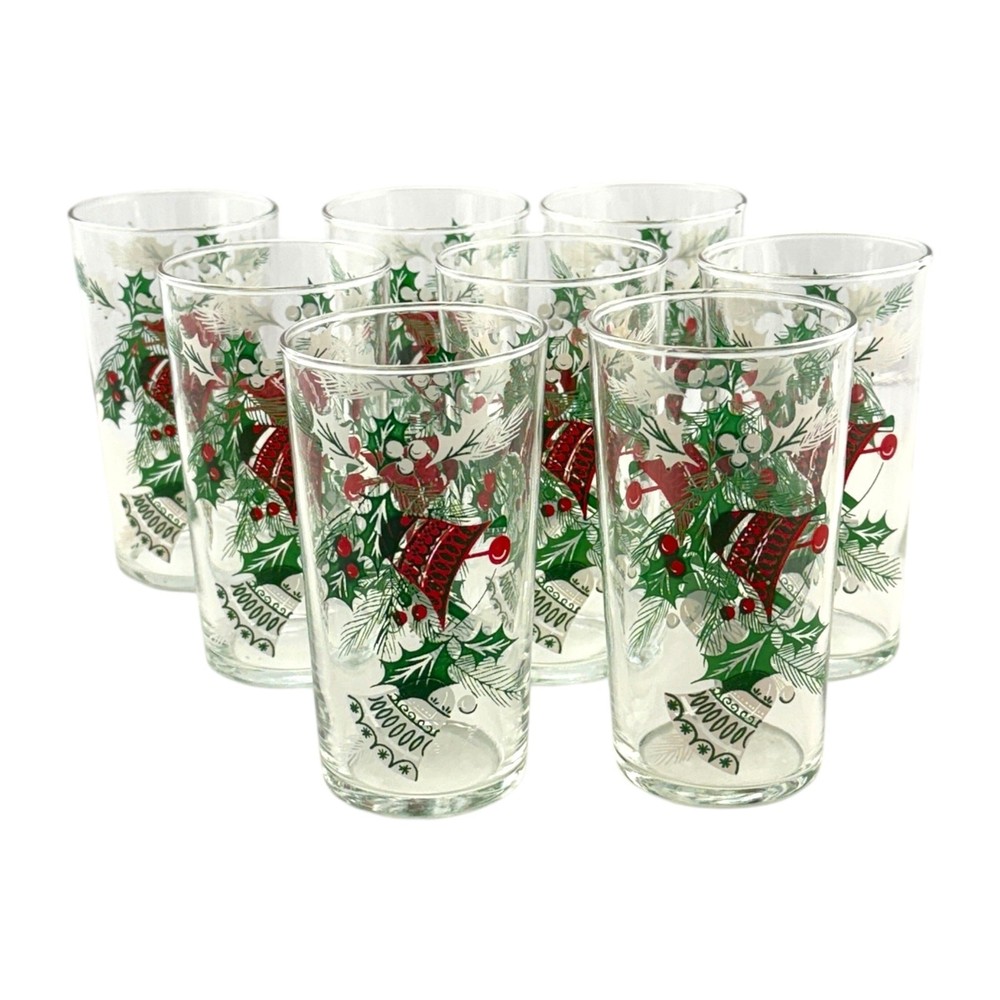 Hazel Atlas Christmas Tumblers (8) Holiday Glasses Vintage Holly & Bells 5″ H