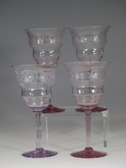Rare Set of 4 Vintage Deco Central Glass Works Orchid Wine Stems Etched c.1930