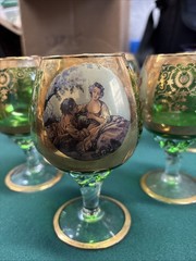 Set Of 6 Bohemian Green glass goblet w/ gold gilt & hand-painted Girl & Guy stem