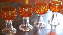 Set 4 Hand Blown ORANGE OPTIC COIN DOT GLASS Water Goblets EMPOLI ITALY 1960s