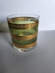Set of 4 MCM Culver Starlyte 22k Gold Gilded Green Striped Rocks Lowball Glasses