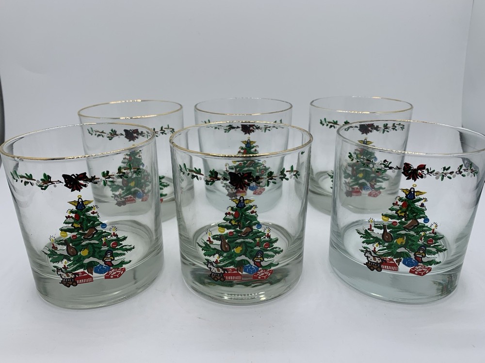 Vintage Christmas Tree Glass Lowball Tumblers Set Of 6 Rocking Horse Angel