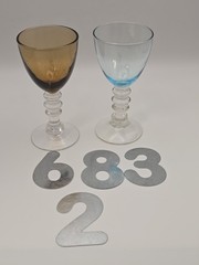 Vintage Set 2 Hand Blown Circle Stem Cordial Glasses Amber/ Blue