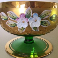 BOHEMIAN GLASS~Four Antique 2 3/8” Stemmed Glasses~Hand Painted~Mid-19th. Cent.