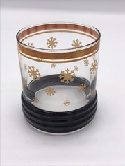Vintage MCM Ribbed Lowball Whiskey Rock Glass Clear Black 22kt Gold Snowflake