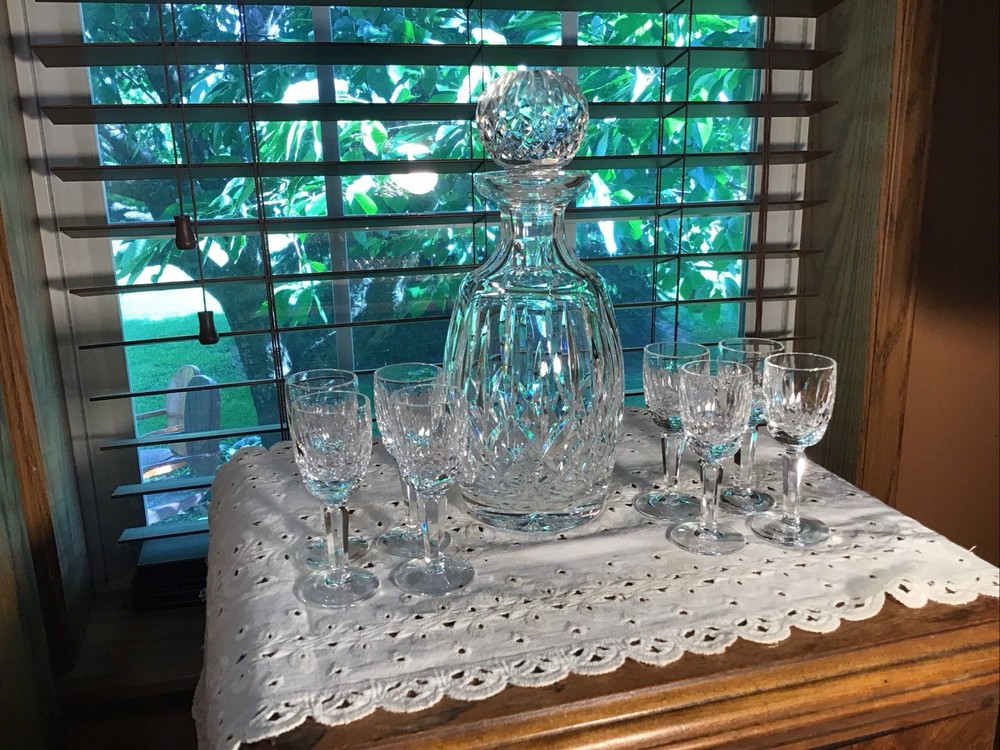 8 Vintage Waterford Crystal Cordial Liquor Glasses With 10” Decanter