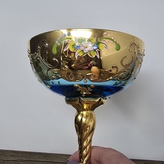 Early Murano Venetian Art Glass Goblet Teal Blue Gold Enamel 6⅞” Hand Painted
