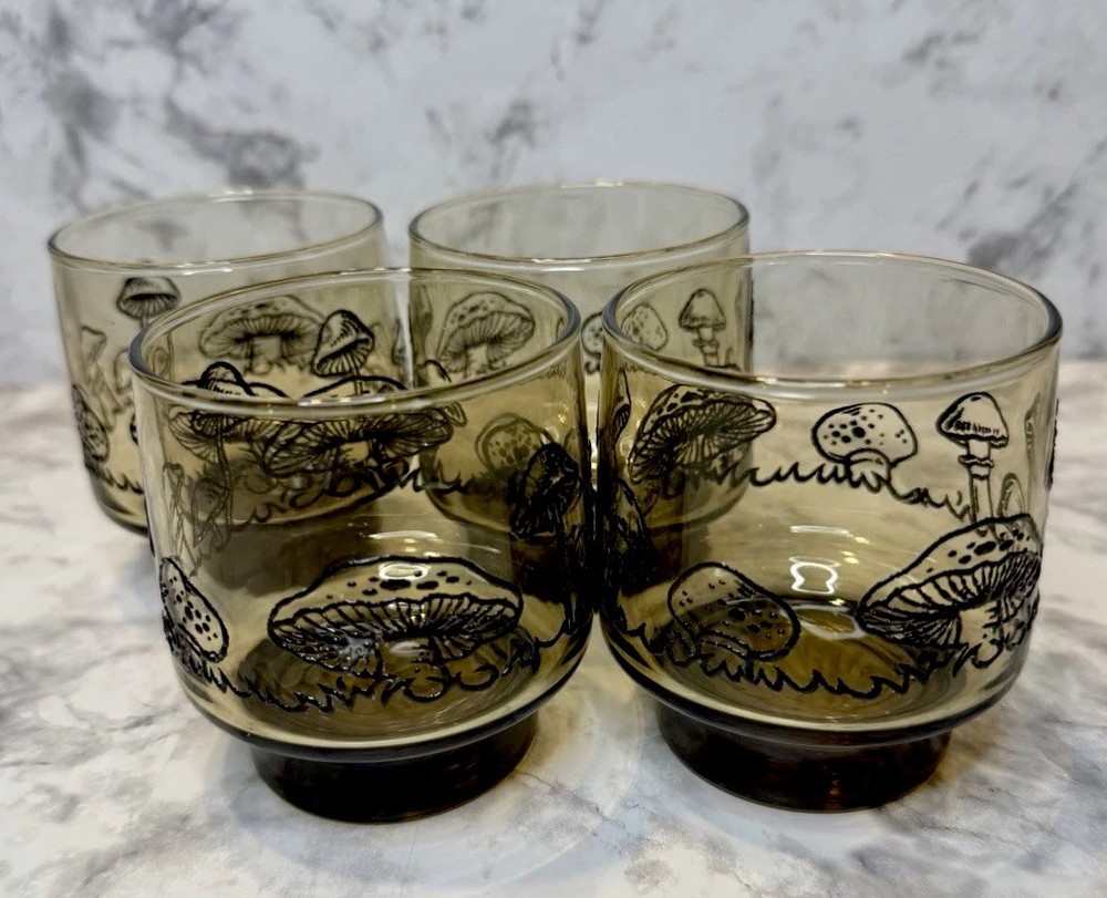 VTG Merry Mushroom Style Glasses Smoked Tawny Amber Lowball Rocks Set of 4