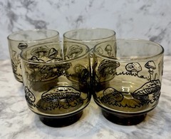VTG Merry Mushroom Style Glasses Smoked Tawny Amber Lowball Rocks Set of 4