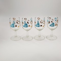 4 Federal Atomic Boomerang Cocktail Wine Stemed Drinking Glasses Turquoise Gold